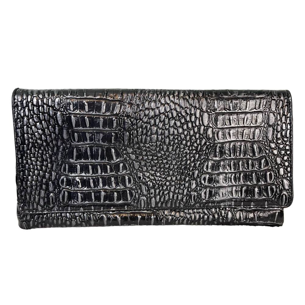 Paradox Long Foldover Clutch Purse Black Leather Hornback Croc Embossed Mob Wife